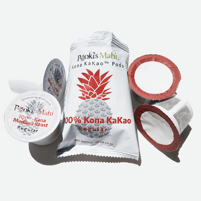 Pooki's Mahi 100 Kona KaKao coffee biocompostable pods - Subscribe to Pooki's Mahi 100 Kona coffee capsules, Kona coffee pods, free shipping, no minimums.