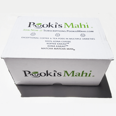 Pooki's Mahi 100 Kona KaKao coffee biocompostable pods - Subscribe to Pooki's Mahi 100 Kona coffee capsules, Kona coffee pods, free shipping, no minimums.