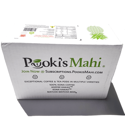 Pooki's Mahi 100 Kona KaKao coffee pods - Subscribe to Pooki's Mahi 100 Kona coffee capsules, Kona coffee pods, Kona KaKao biocompostable pods, free shipping, no minimums.
