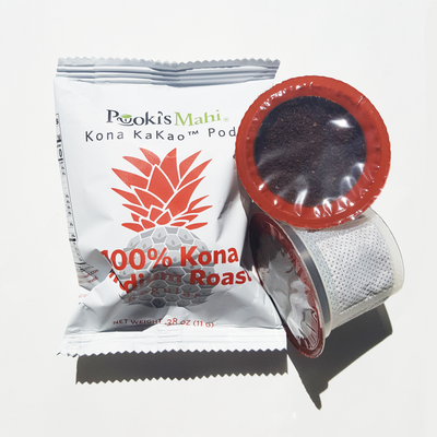 Pooki's Mahi 100% Kona coffee pods for single serve coffee makers