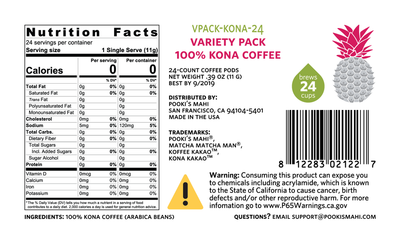 Kona KaKao™ Pooki's Mahi 100 Kona Variety Pack coffee pods Nutrition, CA Prop 65 packaging product label for private label coffee pods capsules.