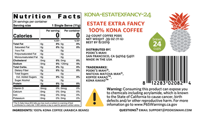 Koffee KaKao™ Pooki's Mahi 100 Percent Kona Extra Fancy coffee pods Nutrition, CA Prop 65 Product Label