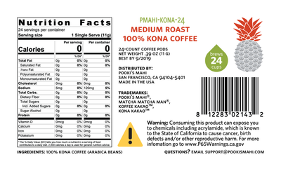 Kona KaKao™ Pooki's Mahi 100% Kona coffee pods Nutrition Label, CA Prop 65 product label