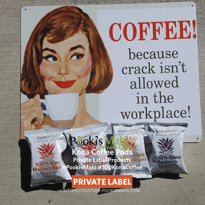 Pooki's Mahi private label coffee - 100 Kona coffee with free shipping. Private label design services, new product launches at an additional cost.